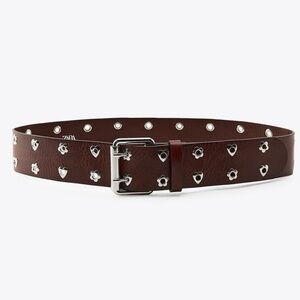 Zara LEATHER HEARTS AND FLOWERS BELT Dark Brown Belt with Silver Details